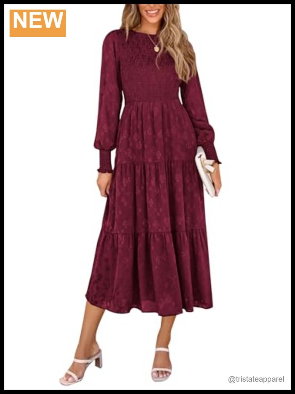 Women's Midi Dress Long Sleeve Fit & Flare Flowy Pockets Smocked Fall Wedding